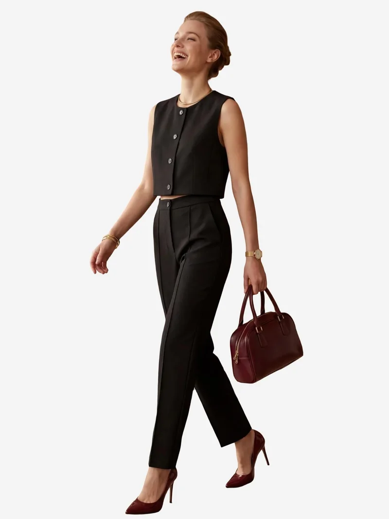 MY FASHION Black MY FASHION Crew Neck Crop Vest & High Waist Pants Two-Piece Set for Women | Best Price UAE